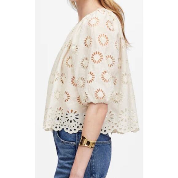 Madewell White Eyelet Embroidered Puff Sleeve Blouse Size Small - Picture 3 of 8